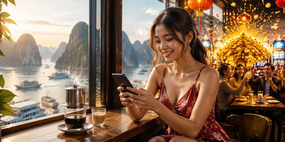 Người dùng tại Hạ Long xem kèo thể thao trên điện thoại cạnh vịnh biển