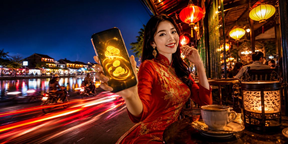 Người dùng Hội An thư giãn với cà phê và trải nghiệm game trực tuyến trên điện thoại
